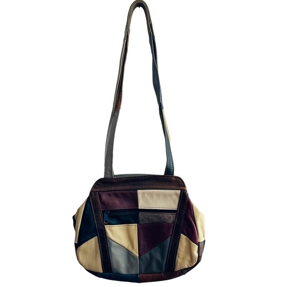 VINTAGE PATCHWORK COLORBLOCK LEATHER SHOULDER HOBO STRAP PURSE - Picture 2 of 14